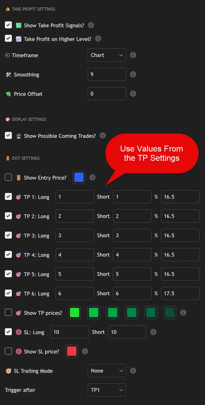 Universal take profit and exit settings